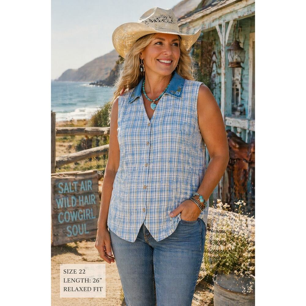 At Last & Co. Plaid Sleeveless Shirt Size 22/24 Embroidered Denim Collar Western